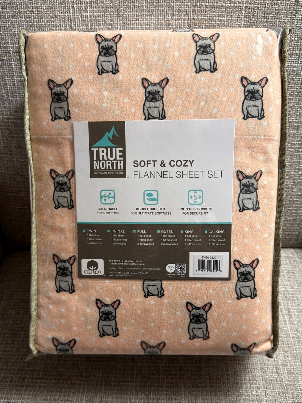 True North Soft & Cozy Peach Flannel Sheet Set with French Bulldog pattern